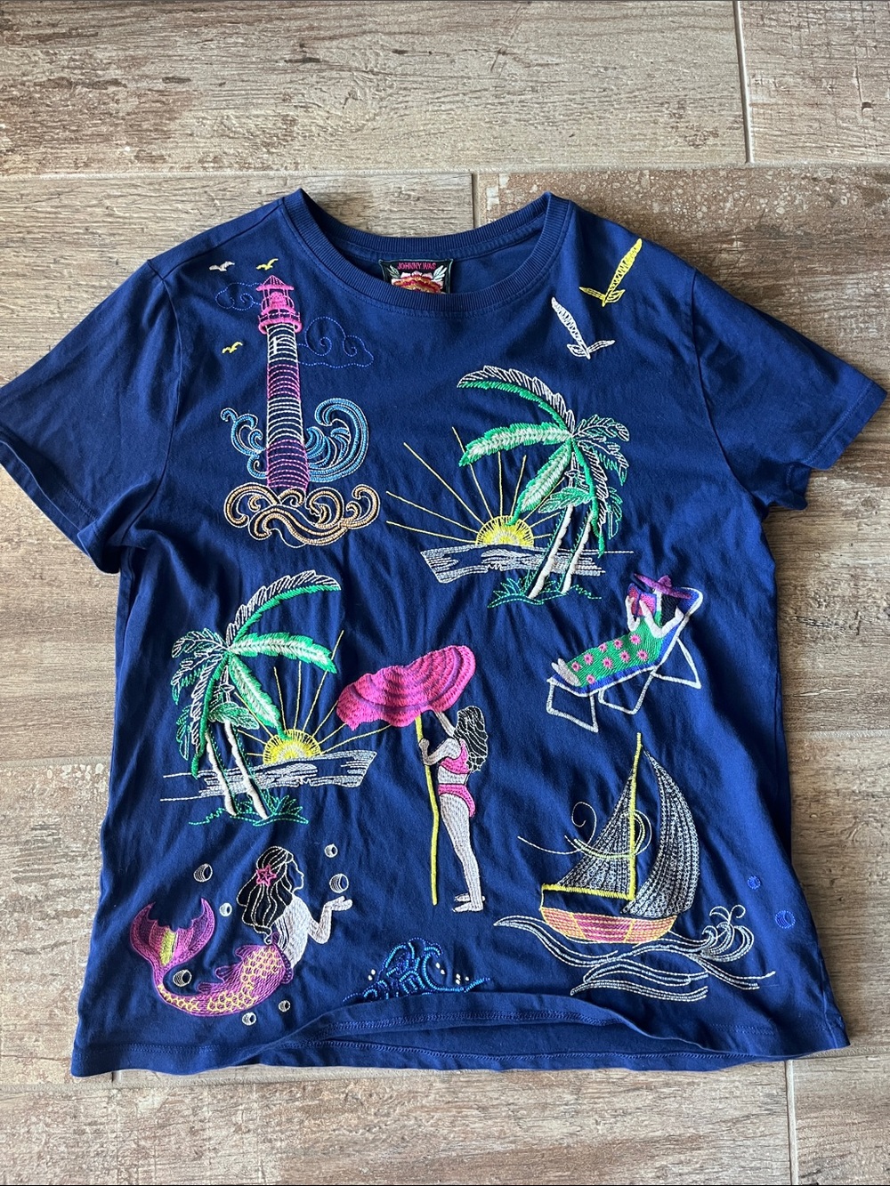 Johnny Was Navy Short Sleeve Tee with Multicolor Beach Embroidery